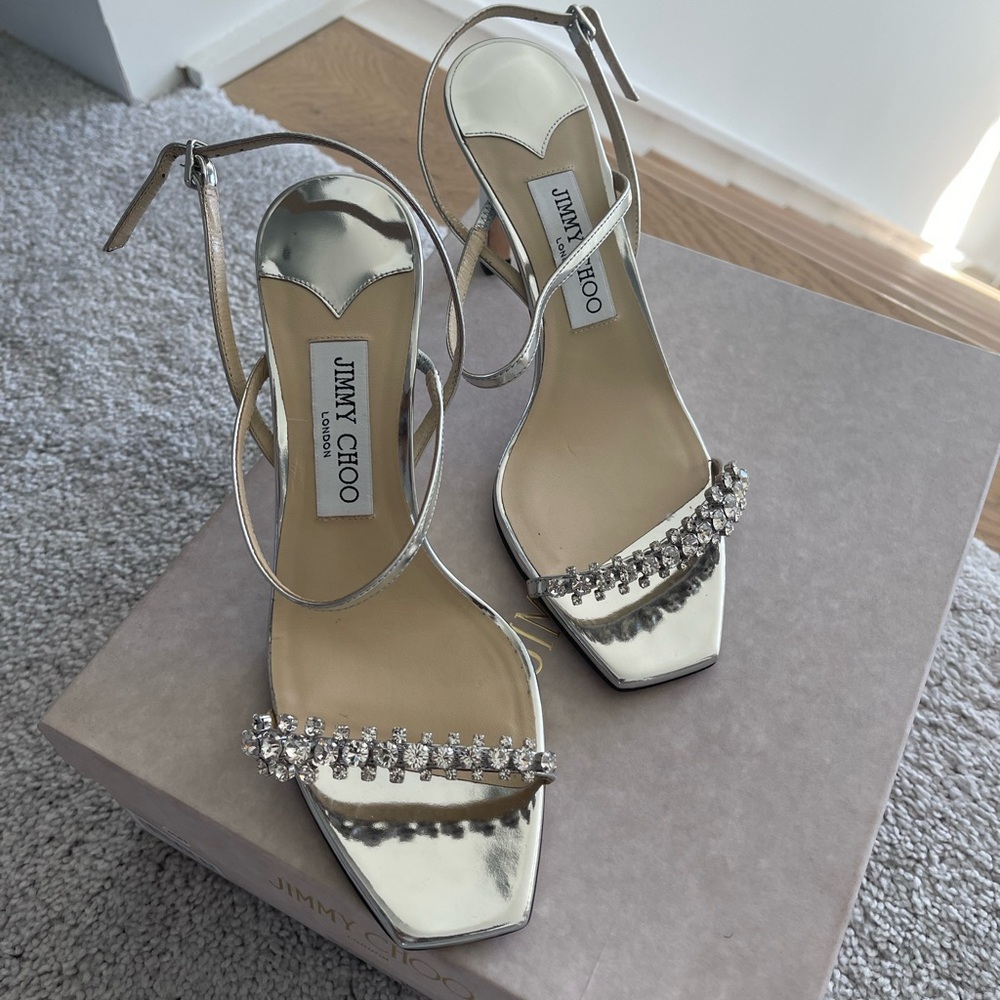 Jimmy Choo Meira 85 crystal-embellished mirrored-leather slingback sandals